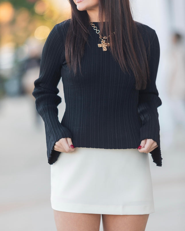 Ribbed Long Sleeve Knitted Top - Black