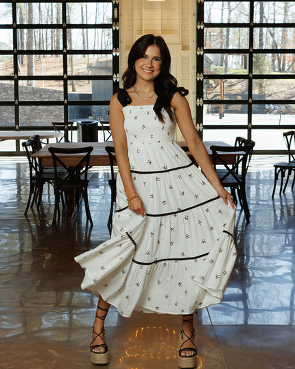 Bow Flare Midi Dress - Off White / Black