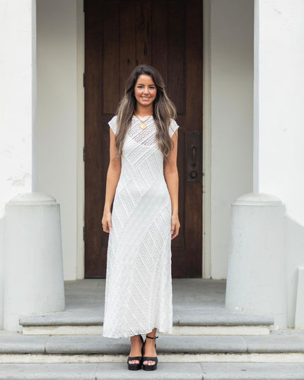 Cap Sleeve Mixed Lace Dress - White