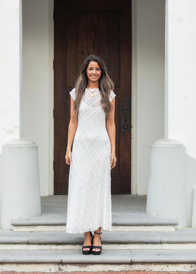 Cap Sleeve Mixed Lace Dress - White