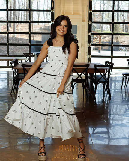 Bow Flare Midi Dress - Off White / Black