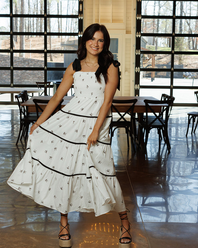 Bow Flare Midi Dress - Off White / Black