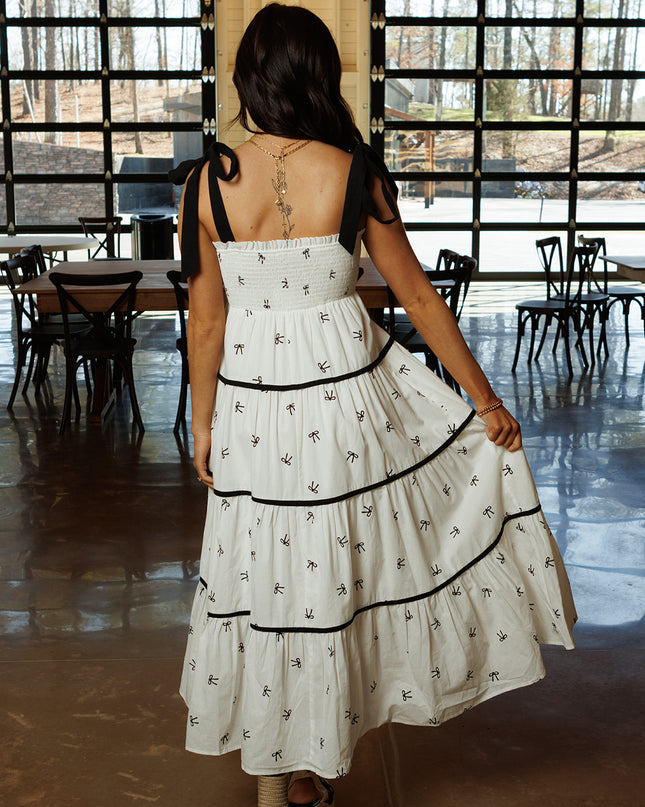 Bow Flare Midi Dress - Off White / Black