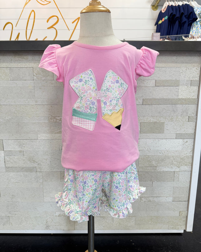 Embroidered Pencil Bows Ruffle Outfit