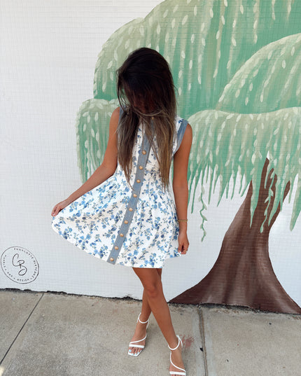 Denim Floral Dress - Blue Multi