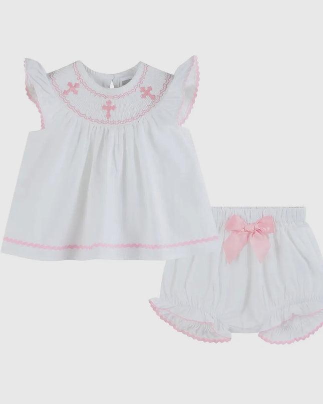 Cross Smocked Dress and Bloomer Set - White/pink