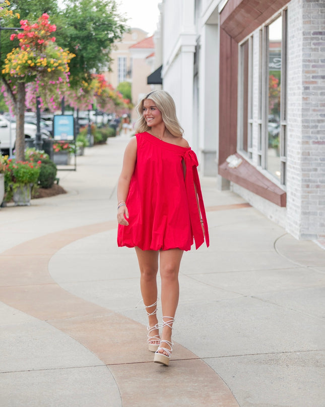 Game Day Glam One Shoulder Dress - Red