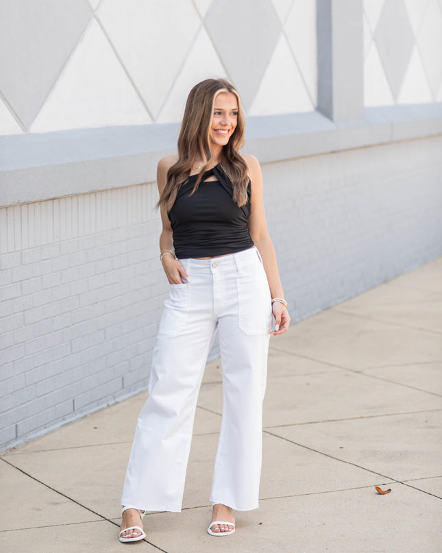 Stretch Twill Utility Wide Leg Jeans - White