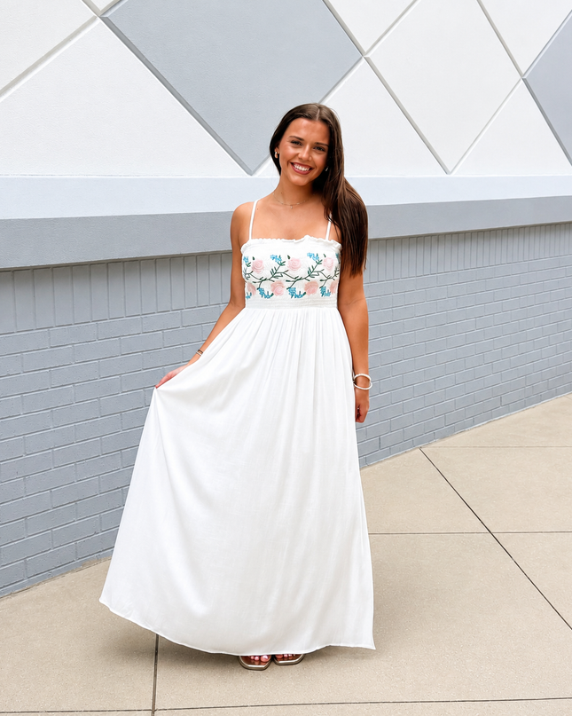 Floral Summer Linen Dress - White