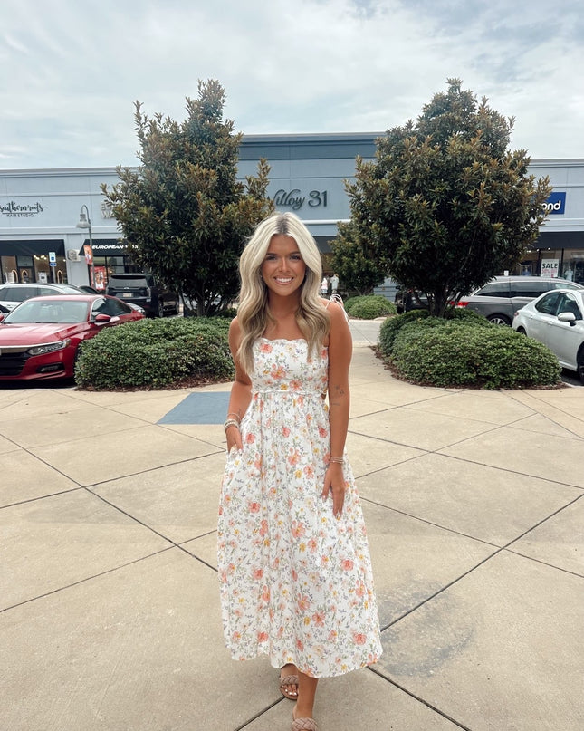 Scalloped Midi Floral Dress - White