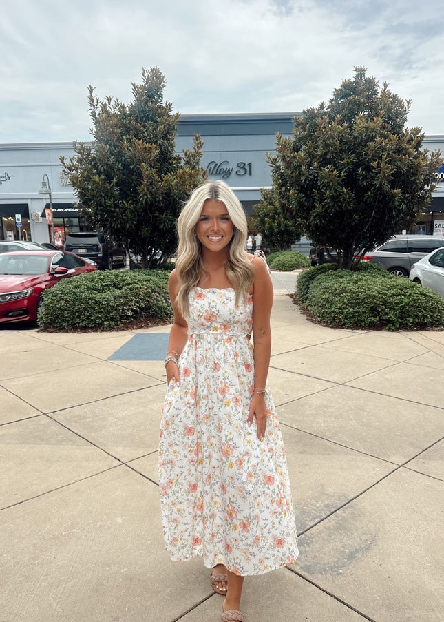 Scalloped Midi Floral Dress - White