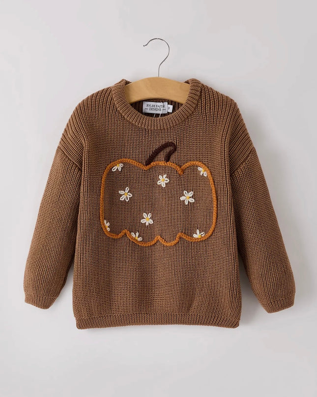 Pumpkin Floral Girls Pullover Sweater - Brown