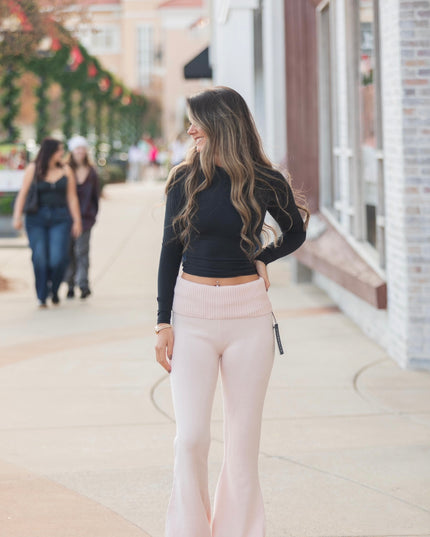 Foldover Flare Knit Sweater Pants - Pink