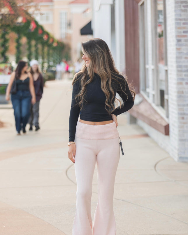 Foldover Flare Knit Sweater Pants - Pink