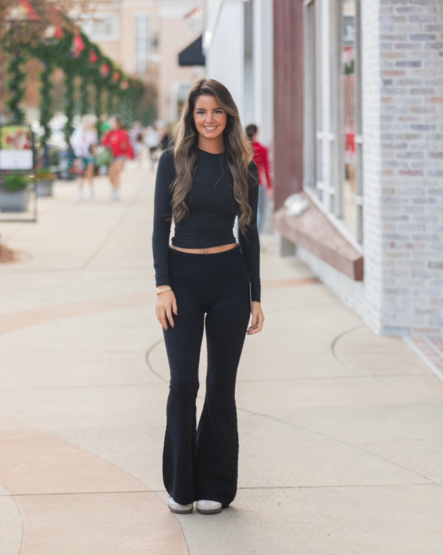 Foldover Flare Knit Sweater Pants - Black