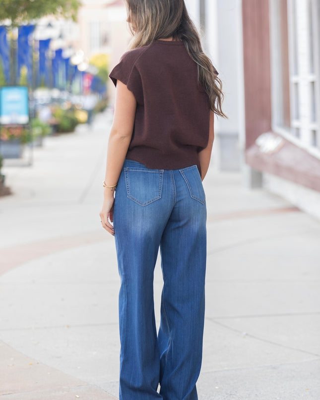 High Rise Pull-On Wide Leg Jeans - Med. Denim