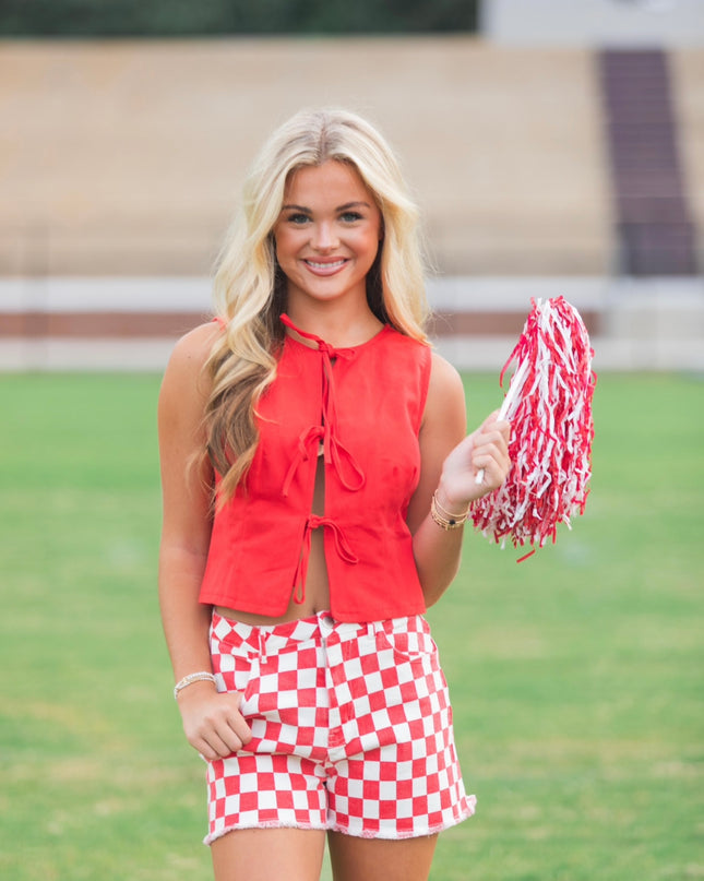 Checkered Fray Shorts - Red