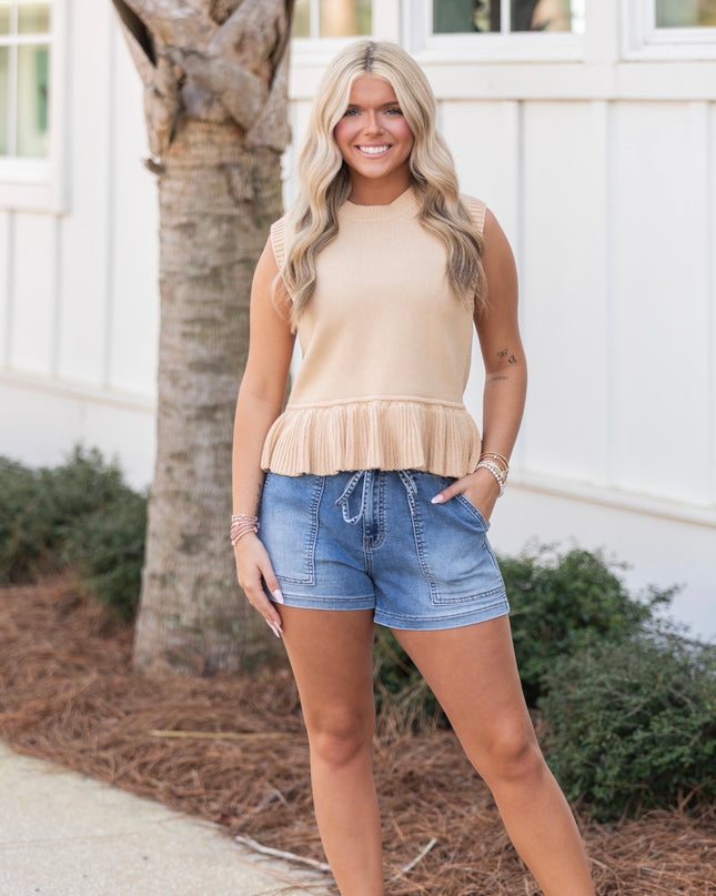 Sleeveless Peplum Knit Top - Biscuit