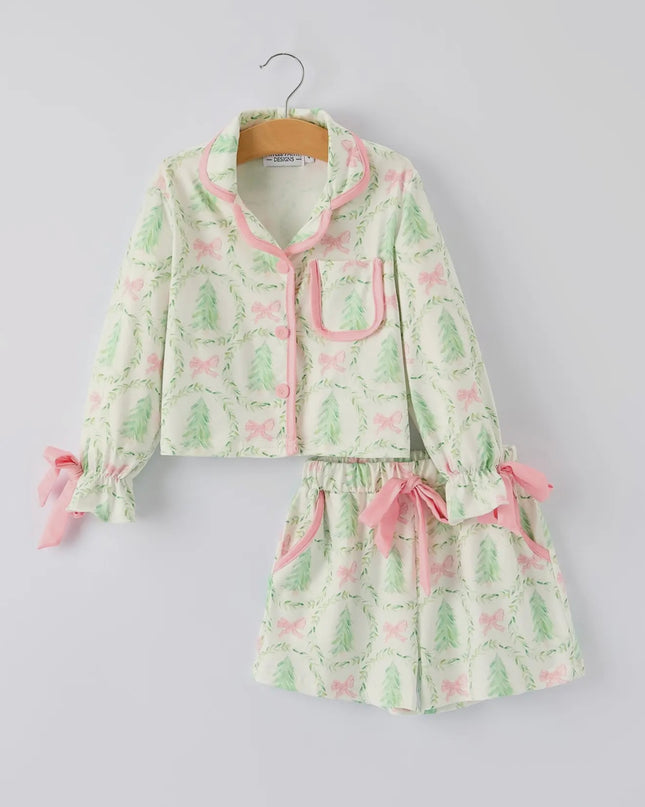Christmas Tree and Bow Print Girls Pajama Set