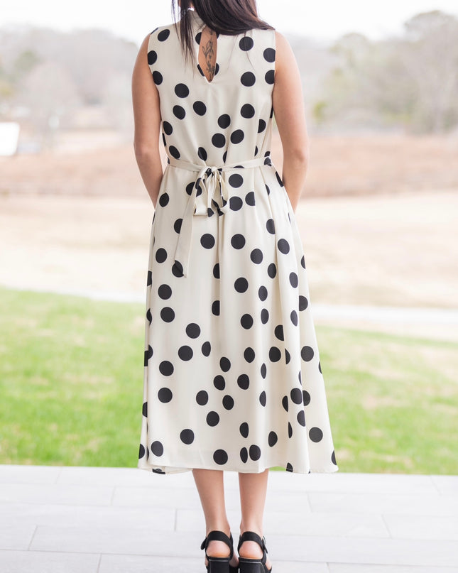 Parisian Polka Tie Waist Midi Dress - Black/White