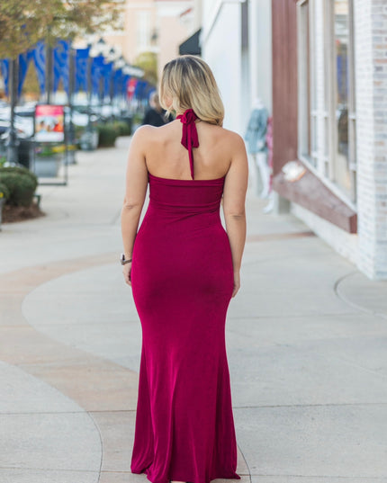 Metal Trim Halter Maxi Dress - Burgundy
