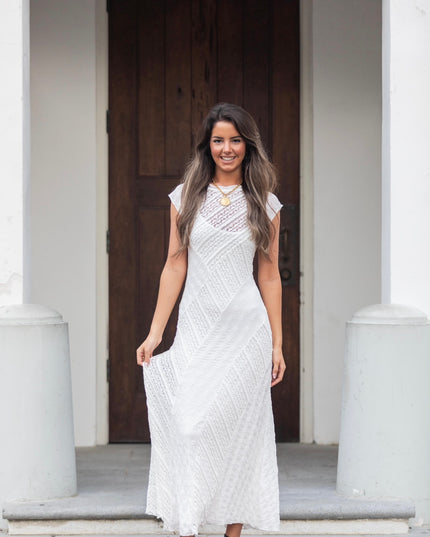Cap Sleeve Mixed Lace Dress - White