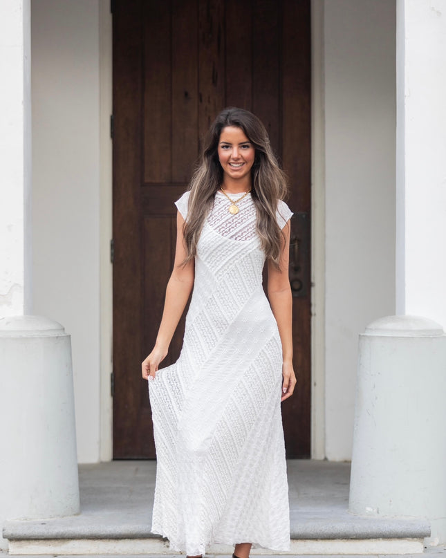 Cap Sleeve Mixed Lace Dress - White