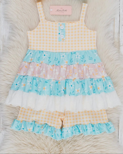 Sweet Gingham Floral Ruffle Outfit