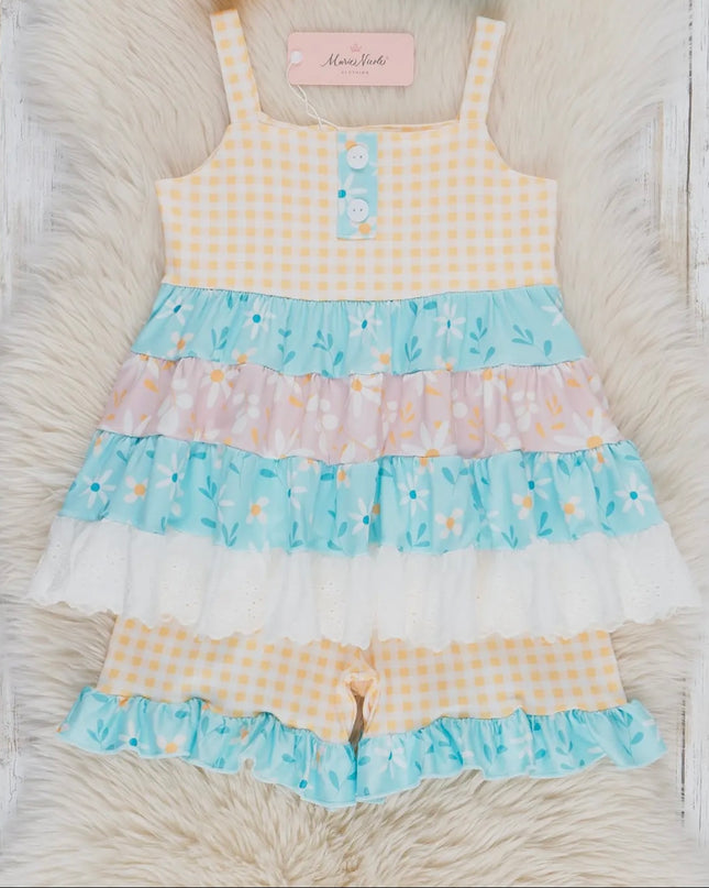 Sweet Gingham Floral Ruffle Outfit