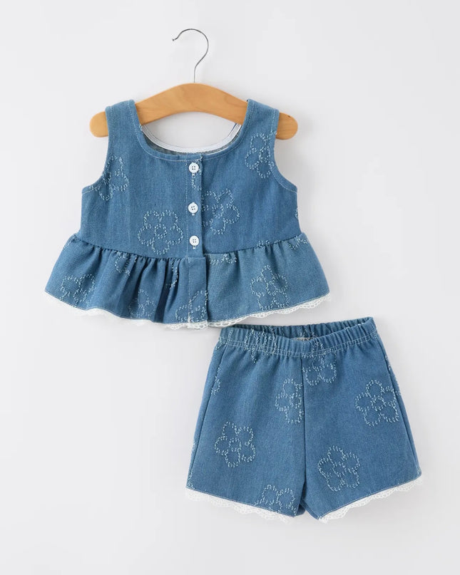 Girls Peplum Top Set - Denim