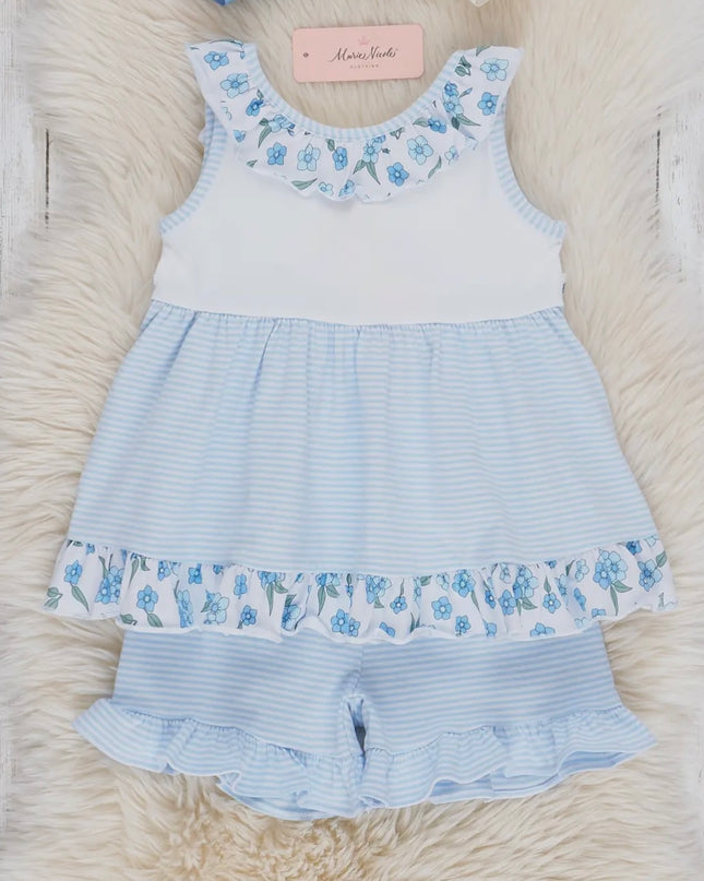 Striped Flower Ruffle Outfit - Blue