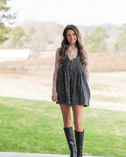 Pleated Pearl Denim Romper - Black