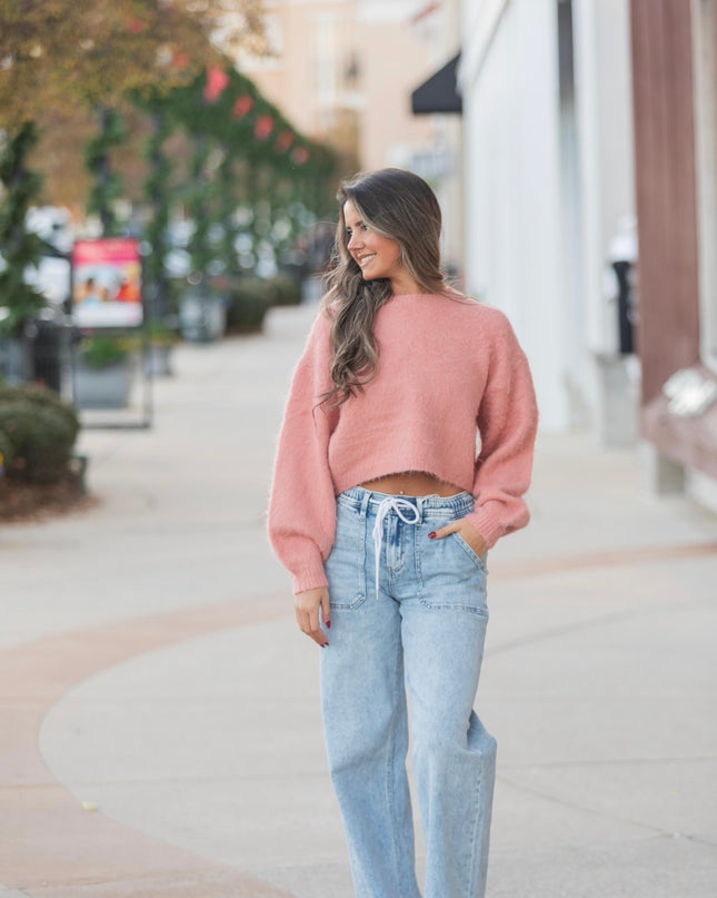 Wool Blend Cropped Sweater - Rose