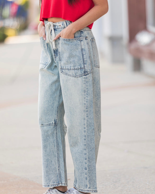 Front Tie Washed Denim Pants