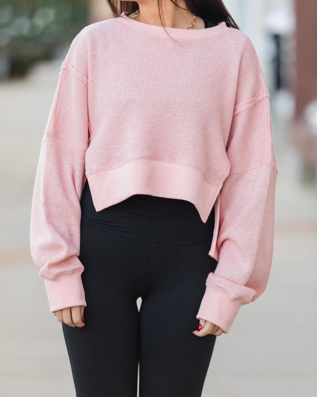 Waffle Knit Oversized Top - Pink