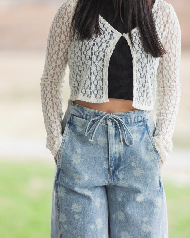 Pearl Button Sheer Lace Cardigan - Cream