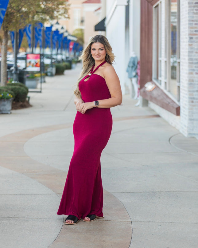 Metal Trim Halter Maxi Dress - Burgundy