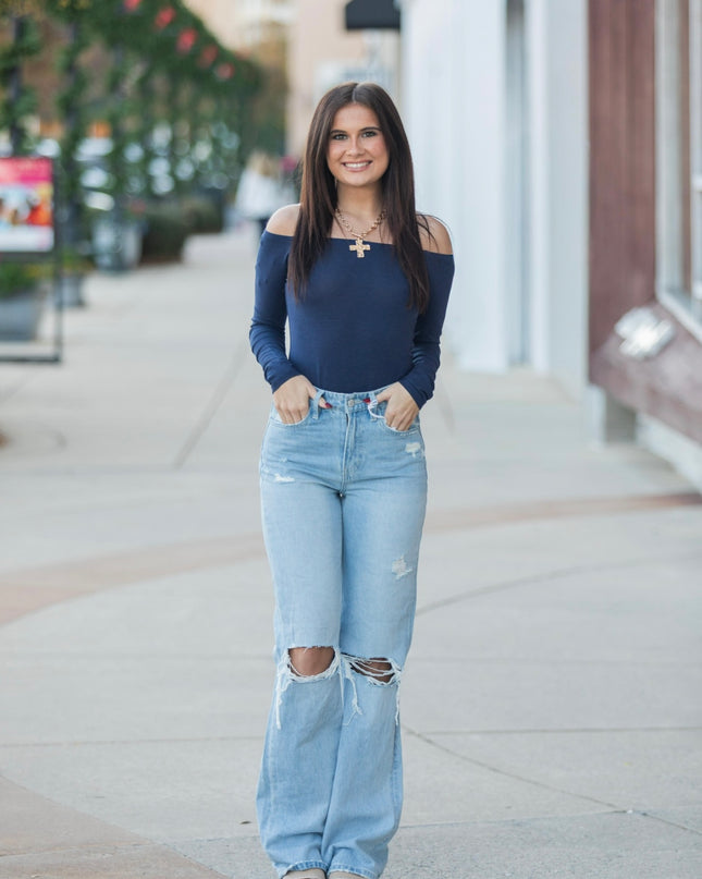 Off the Shoulder Long Sleeve Bodysuit - Blue