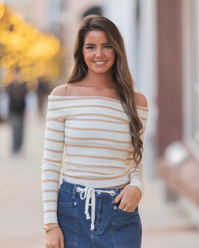 Shoulder Slip Stripe Top - Cream/Taupe
