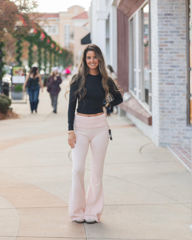 Foldover Flare Knit Sweater Pants - Pink