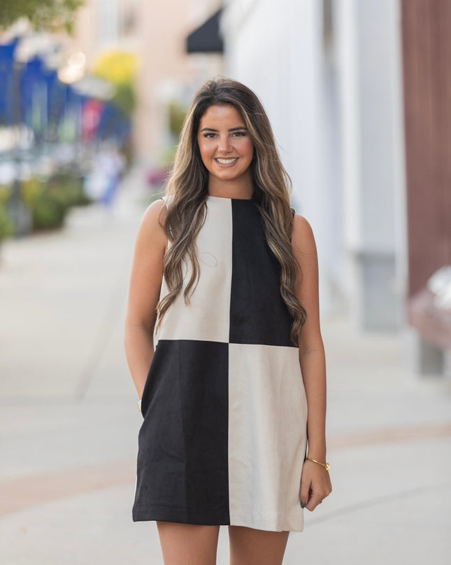 Suede Statement Dress - Black/Cream