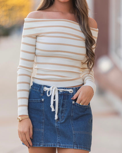 Shoulder Slip Stripe Top - Cream/Taupe