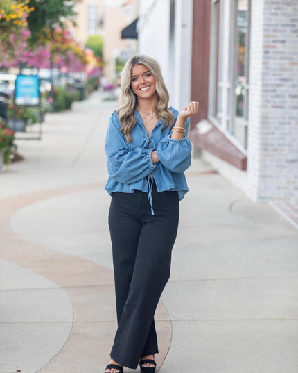 Wide Leg Denim Pants - Black