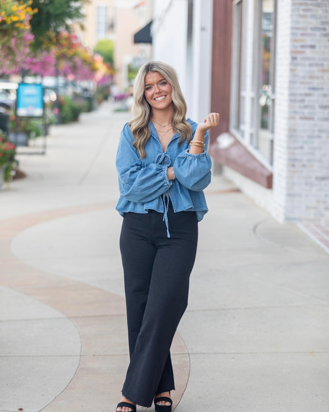 Wide Leg Denim Pants - Black