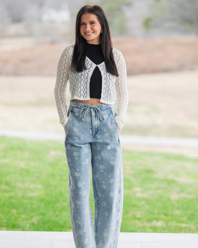 Pearl Button Sheer Lace Cardigan - Cream