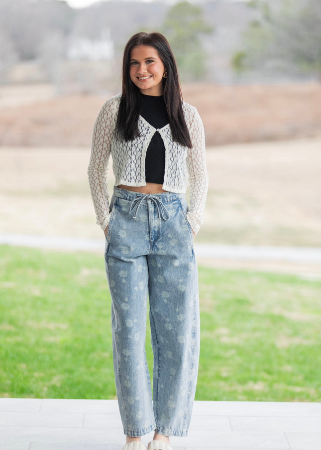 Pearl Button Sheer Lace Cardigan - Cream