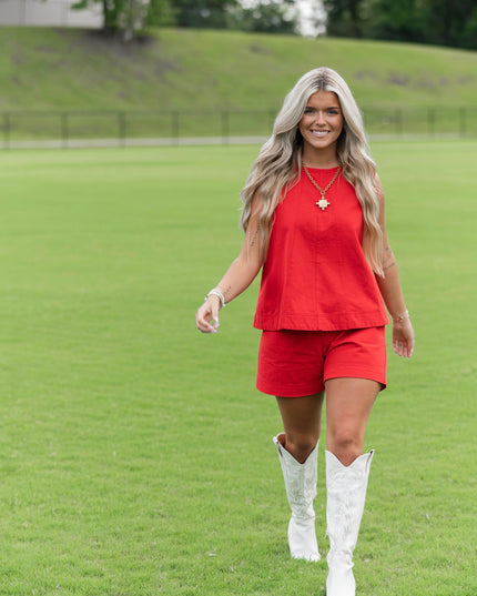 Sleeveless Denim Set - Red
