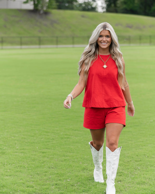 Sleeveless Denim Set - Red