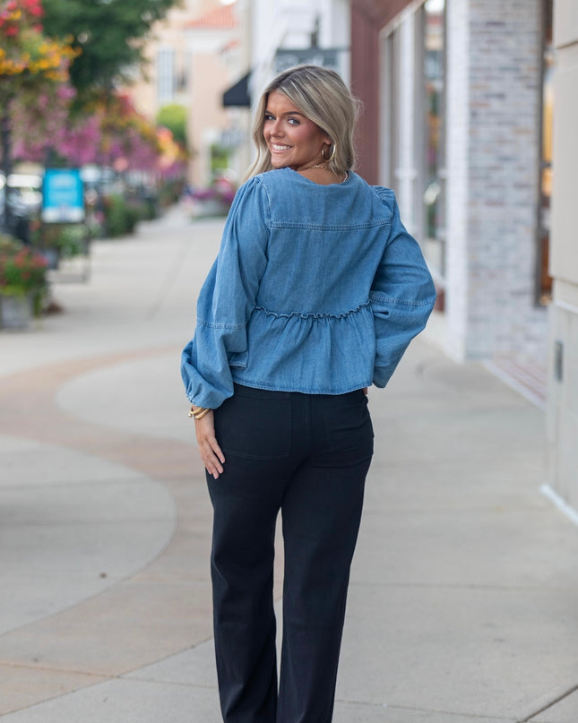 Wide Leg Denim Pants - Black