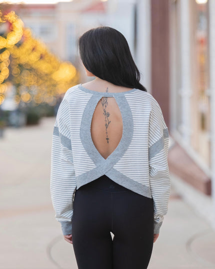 Striped Cutout Back Layering Sweatshirt - White/Grey